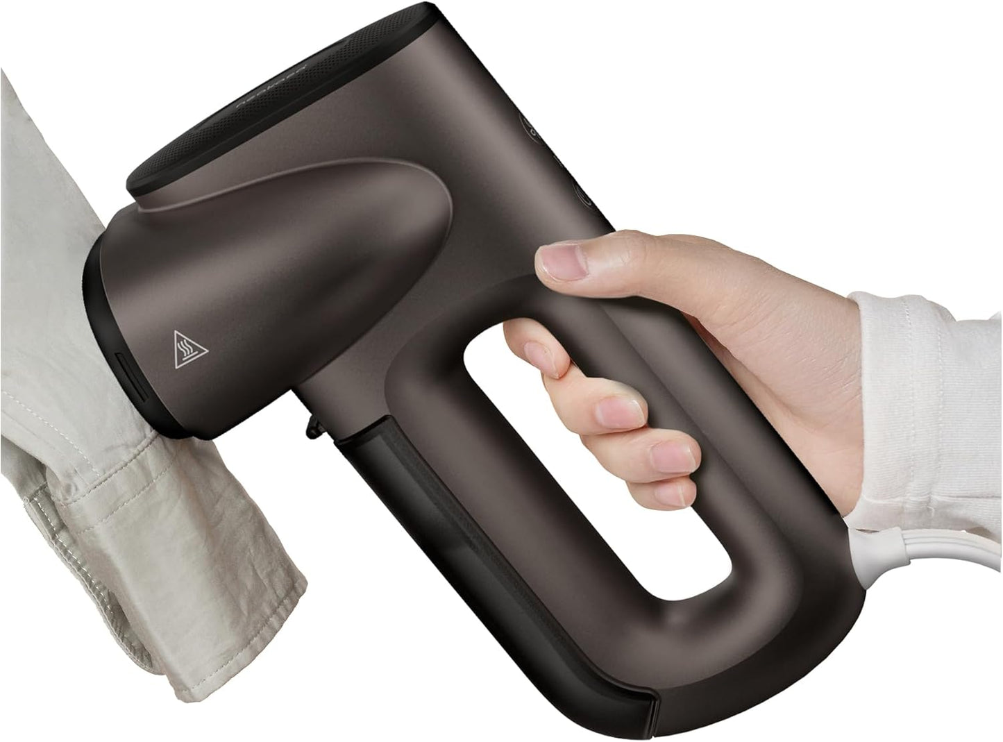 Neakasa handheld clothes steamer shown in use, providing fast and consistent steam to remove wrinkles from shirts, blouses, and everyday garments. The compact and lightweight design makes it suitable for home use or travel, while the 1800W heating system delivers quick warm-up and strong steam flow. The 280ml water tank offers several minutes of continuous steaming for multiple clothing pieces. This steamer works well on cotton, linen, silk, wool, and synthetic fabrics, making it a versatile solution for qu