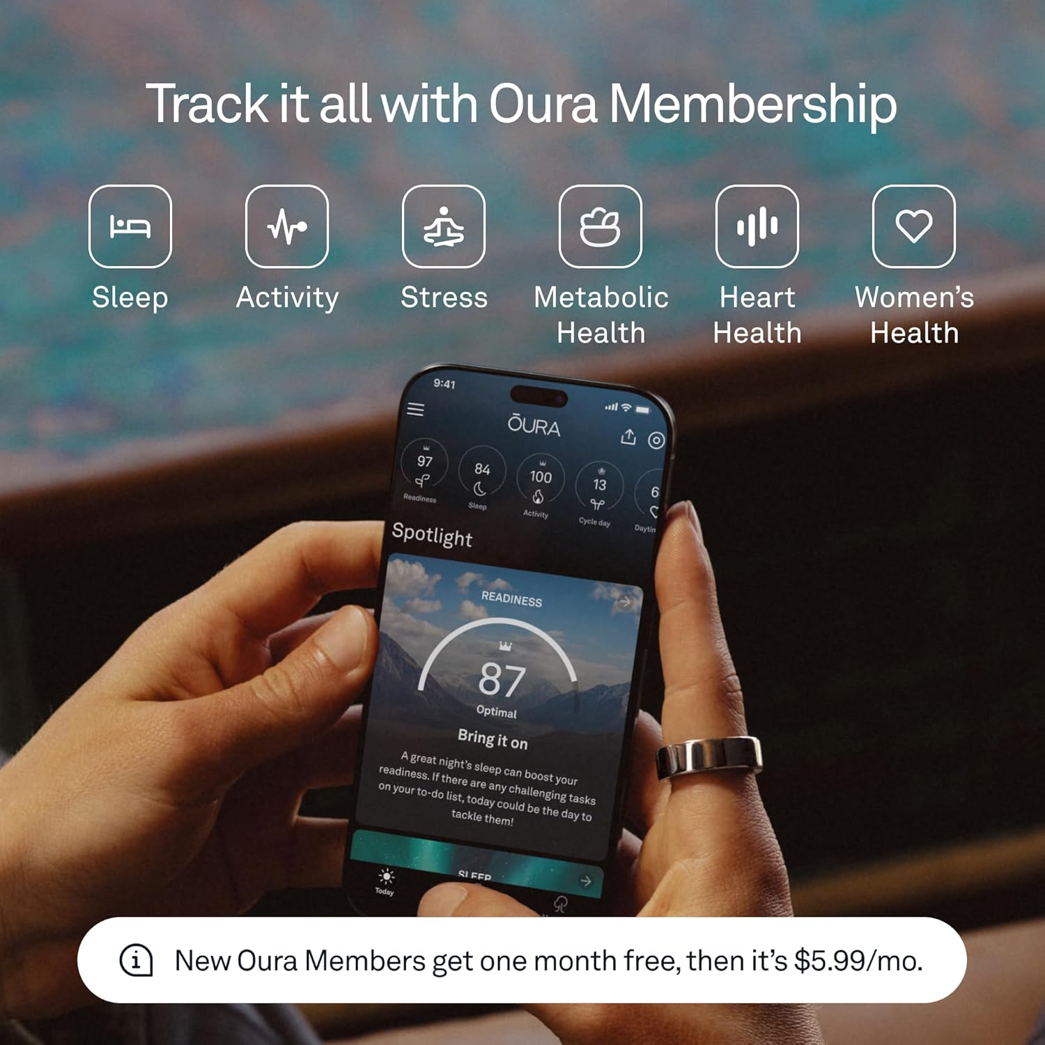 Oura Ring 4 Smart Health Tracking Ring in titanium finish displayed for lifestyle use. The Oura Ring 4 is a minimalist health wearable designed for sleep tracking, stress monitoring, activity insights, and overall wellness evaluation. It uses Smart Sensing to deliver accurate, continuous data without a screen or vibrations. Suitable for day and night comfort, the ring offers up to 8 days of battery life before recharging.