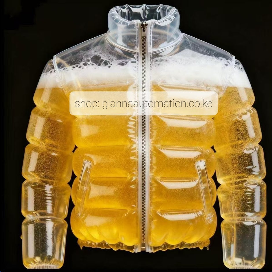 Model standing in urban setting wearing the transparent Beer Puff Jacket, with visible beverage-filled chambers in a puff design, golden liquid and foamy sections clearly seen through the glossy outer shell. The high collar, full-front zip and drink-dispensing valve at chest level are visible. Sunlight reflects off the material showing the clear structure. The wearer is dressed casually underneath, letting the jacket dominate the look. The image captures the jacket in motion, drink inside settling slightly,