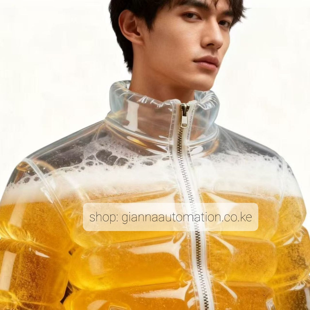 Model standing in urban setting wearing the transparent Beer Puff Jacket, with visible beverage-filled chambers in a puff design, golden liquid and foamy sections clearly seen through the glossy outer shell. The high collar, full-front zip and drink-dispensing valve at chest level are visible. Sunlight reflects off the material showing the clear structure. The wearer is dressed casually underneath, letting the jacket dominate the look. The image captures the jacket in motion, drink inside settling slightly,