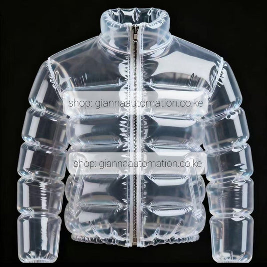 Model standing in urban setting wearing the transparent Beer Puff Jacket, with visible beverage-filled chambers in a puff design, golden liquid and foamy sections clearly seen through the glossy outer shell. The high collar, full-front zip and drink-dispensing valve at chest level are visible. Sunlight reflects off the material showing the clear structure. The wearer is dressed casually underneath, letting the jacket dominate the look. The image captures the jacket in motion, drink inside settling slightly,