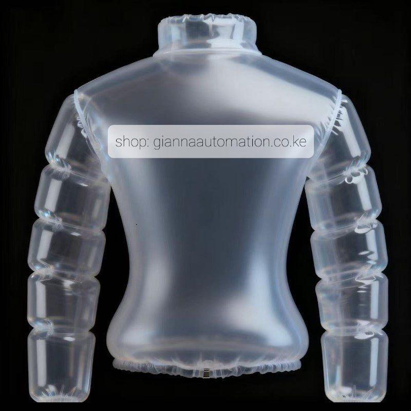 Model standing in urban setting wearing the transparent Beer Puff Jacket, with visible beverage-filled chambers in a puff design, golden liquid and foamy sections clearly seen through the glossy outer shell. The high collar, full-front zip and drink-dispensing valve at chest level are visible. Sunlight reflects off the material showing the clear structure. The wearer is dressed casually underneath, letting the jacket dominate the look. The image captures the jacket in motion, drink inside settling slightly,