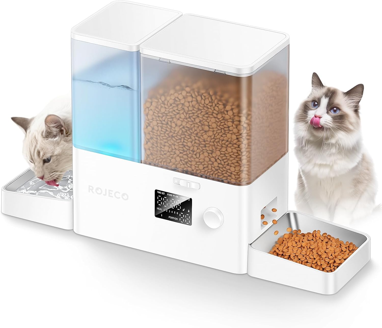 Image of the Rojeco 2-in-1 Automatic Cat Feeder and Water Dispenser featuring a 5L dry food container and a 3.5L gravity water system. The feeder includes stainless steel bowls for hygienic feeding and BPA-free construction to support pet health. The transparent containers allow easy monitoring of food and water levels, while the programmable feeding function enables controlled meal portions throughout the day. LED indicator alerts help ensure consistent food flow, and dual power support (Type-C and AAA bat