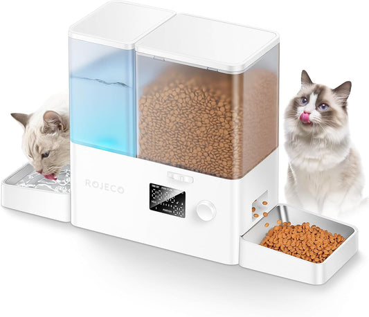 Image of the Rojeco 2-in-1 Automatic Cat Feeder and Water Dispenser featuring a 5L dry food container and a 3.5L gravity water system. The feeder includes stainless steel bowls for hygienic feeding and BPA-free construction to support pet health. The transparent containers allow easy monitoring of food and water levels, while the programmable feeding function enables controlled meal portions throughout the day. LED indicator alerts help ensure consistent food flow, and dual power support (Type-C and AAA bat