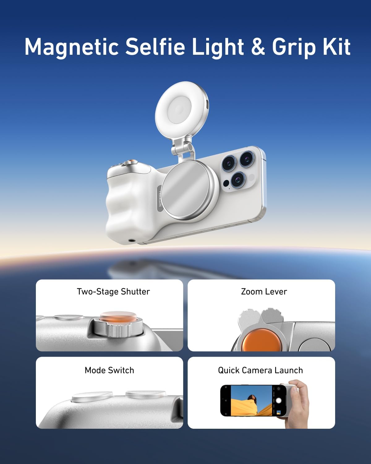 A compact 2-in-1 creator kit designed for quick, stable and well-lit mobile shooting. Ideal for selfies, vlogs, TikTok, live streams, Zoom calls and everyday photography. Magnetic mounting makes setup instant whether using an iPhone (MagSafe) or Android with the included magnetic ring.