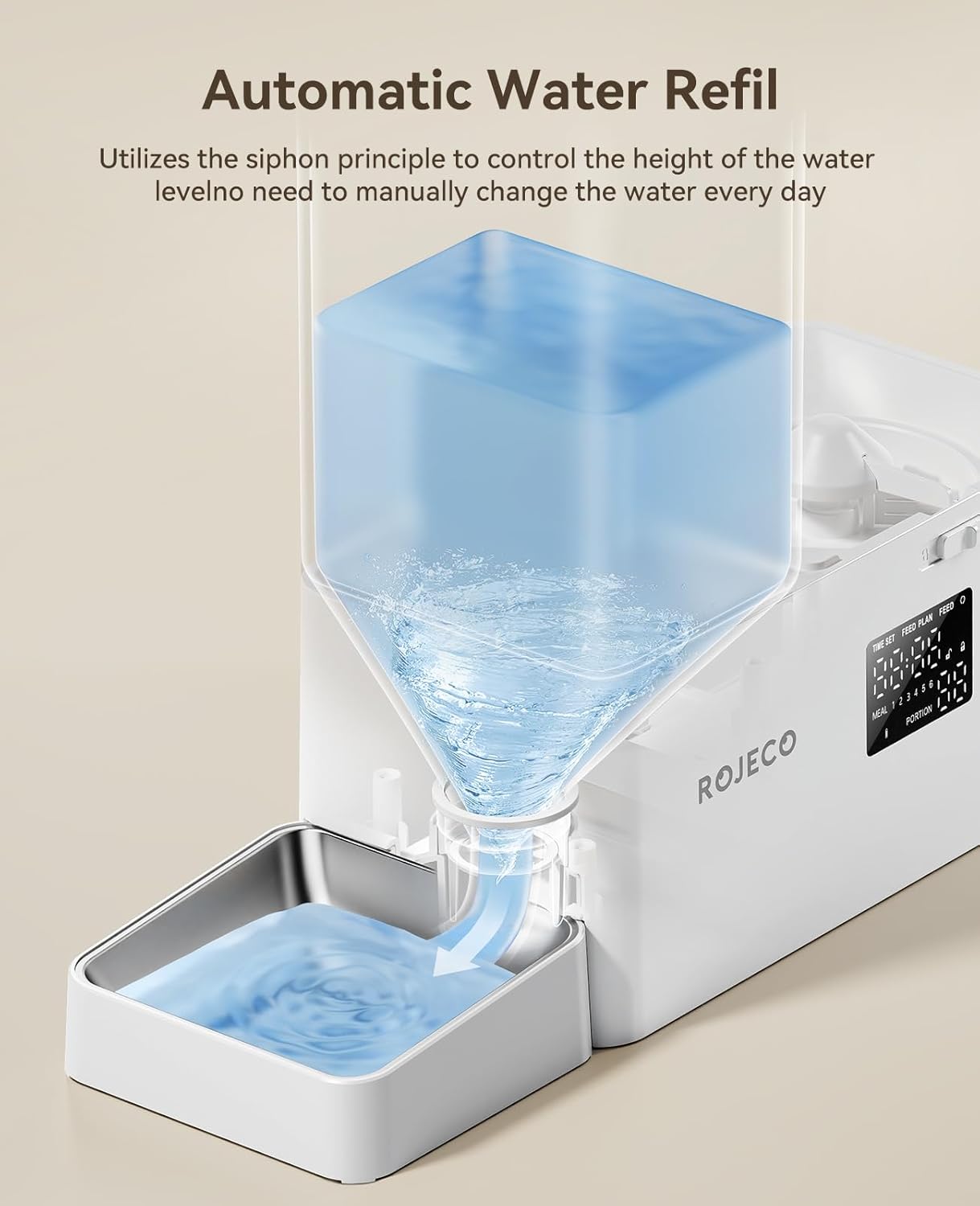 Image of the Rojeco 2-in-1 Automatic Cat Feeder and Water Dispenser featuring a 5L dry food container and a 3.5L gravity water system. The feeder includes stainless steel bowls for hygienic feeding and BPA-free construction to support pet health. The transparent containers allow easy monitoring of food and water levels, while the programmable feeding function enables controlled meal portions throughout the day. LED indicator alerts help ensure consistent food flow, and dual power support (Type-C and AAA bat