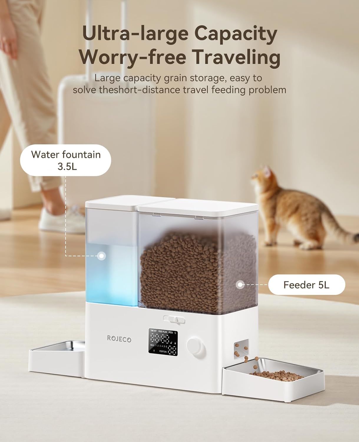 Image of the Rojeco 2-in-1 Automatic Cat Feeder and Water Dispenser featuring a 5L dry food container and a 3.5L gravity water system. The feeder includes stainless steel bowls for hygienic feeding and BPA-free construction to support pet health. The transparent containers allow easy monitoring of food and water levels, while the programmable feeding function enables controlled meal portions throughout the day. LED indicator alerts help ensure consistent food flow, and dual power support (Type-C and AAA bat