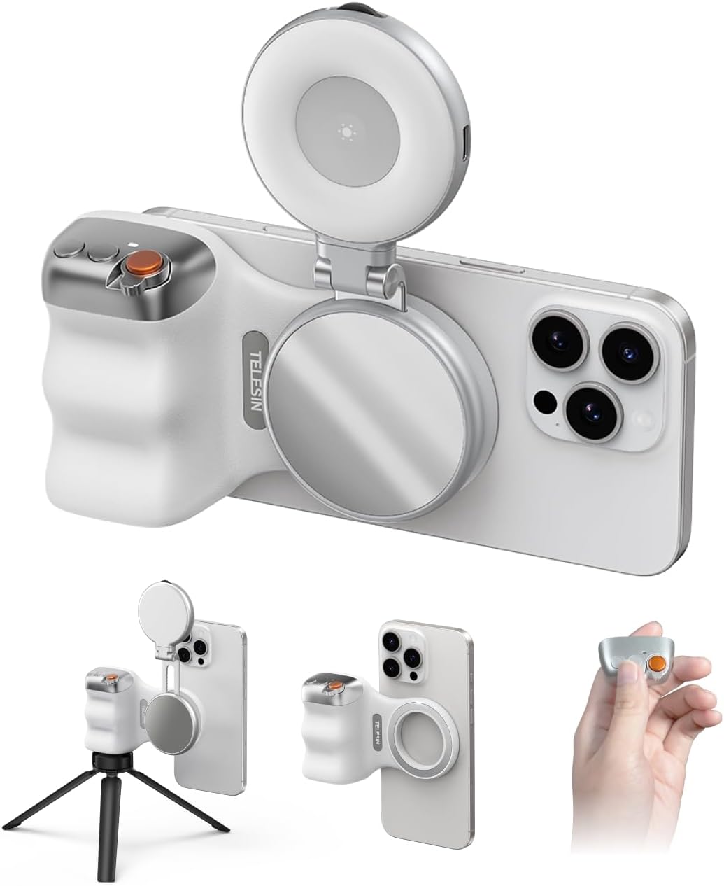 A compact 2-in-1 creator kit designed for quick, stable and well-lit mobile shooting. Ideal for selfies, vlogs, TikTok, live streams, Zoom calls and everyday photography. Magnetic mounting makes setup instant whether using an iPhone (MagSafe) or Android with the included magnetic ring.