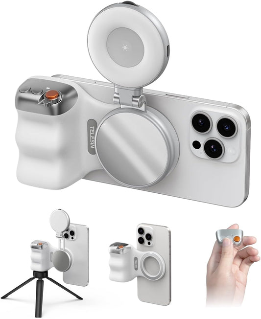 A compact 2-in-1 creator kit designed for quick, stable and well-lit mobile shooting. Ideal for selfies, vlogs, TikTok, live streams, Zoom calls and everyday photography. Magnetic mounting makes setup instant whether using an iPhone (MagSafe) or Android with the included magnetic ring.