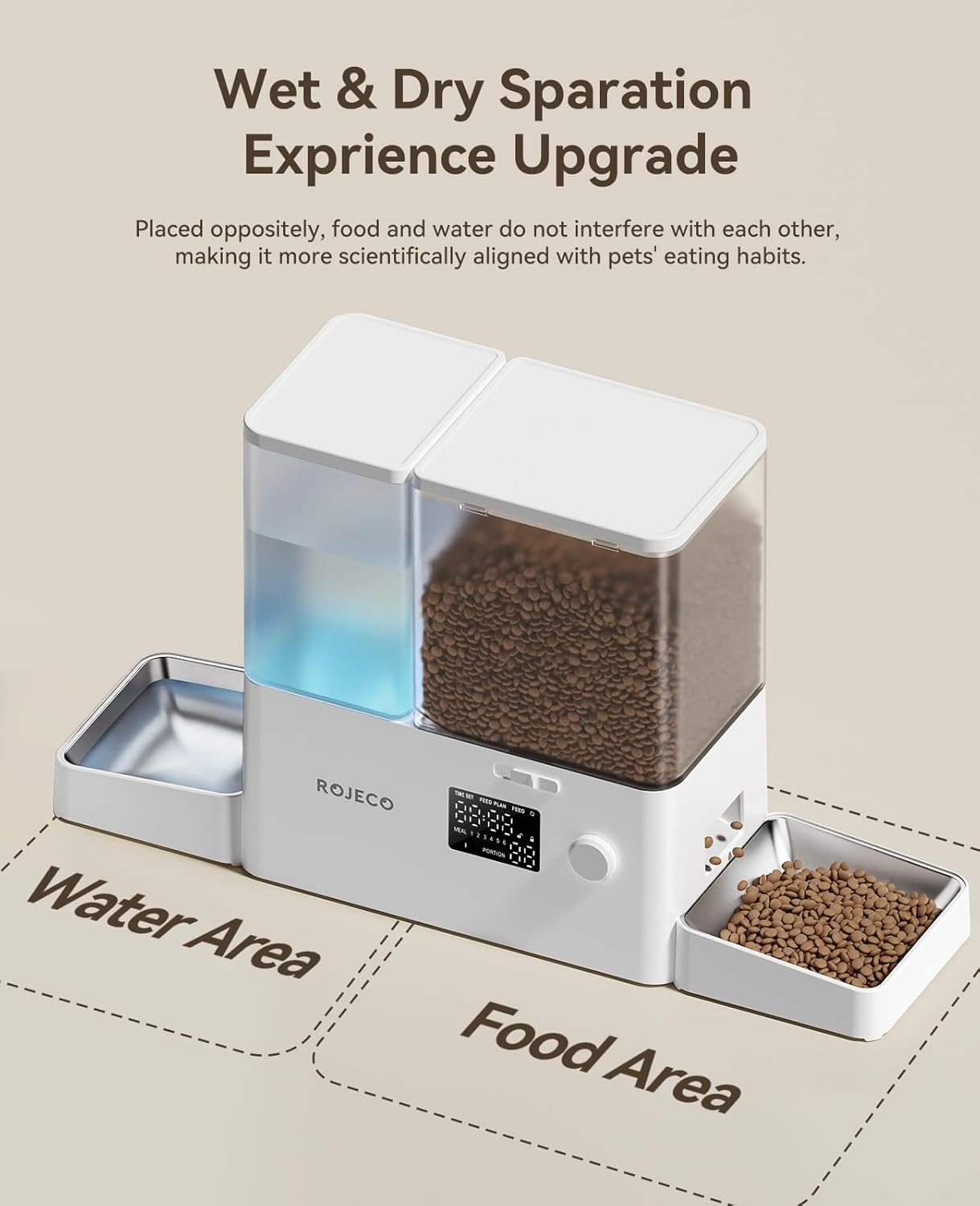 Image of the Rojeco 2-in-1 Automatic Cat Feeder and Water Dispenser featuring a 5L dry food container and a 3.5L gravity water system. The feeder includes stainless steel bowls for hygienic feeding and BPA-free construction to support pet health. The transparent containers allow easy monitoring of food and water levels, while the programmable feeding function enables controlled meal portions throughout the day. LED indicator alerts help ensure consistent food flow, and dual power support (Type-C and AAA bat