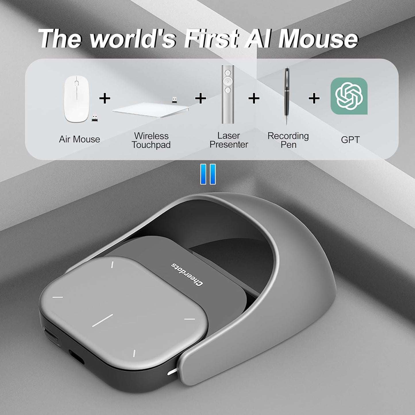 Sleek black OIKKEI 2025 AI Wireless Mouse for PC and laptop featuring an ergonomic design, integrated laser pointer for presentations, Bluetooth and USB wireless connectivity, built-in voice recorder and AI summarisation function. Ideal for business, teaching and creative workflows.