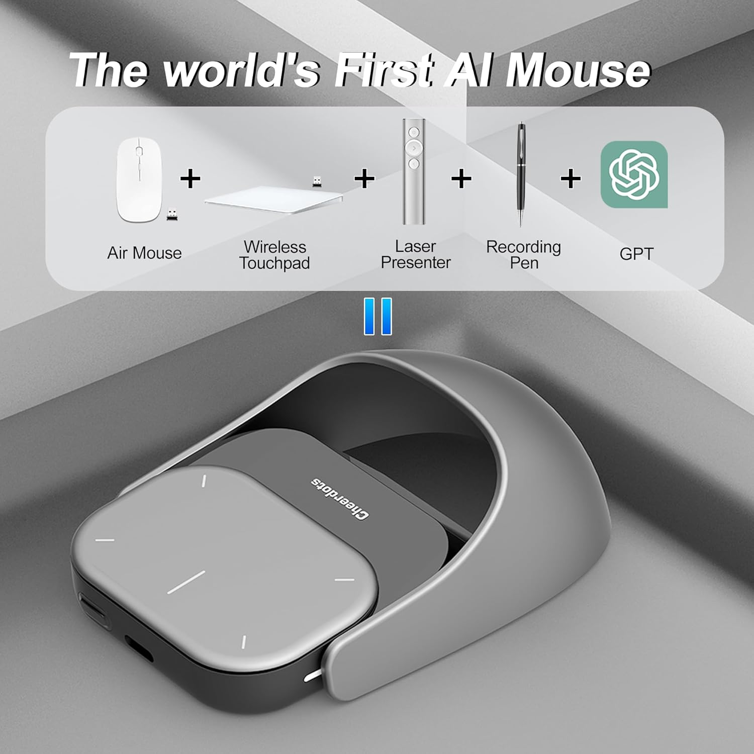 Sleek black OIKKEI 2025 AI Wireless Mouse for PC and laptop featuring an ergonomic design, integrated laser pointer for presentations, Bluetooth and USB wireless connectivity, built-in voice recorder and AI summarisation function. Ideal for business, teaching and creative workflows.