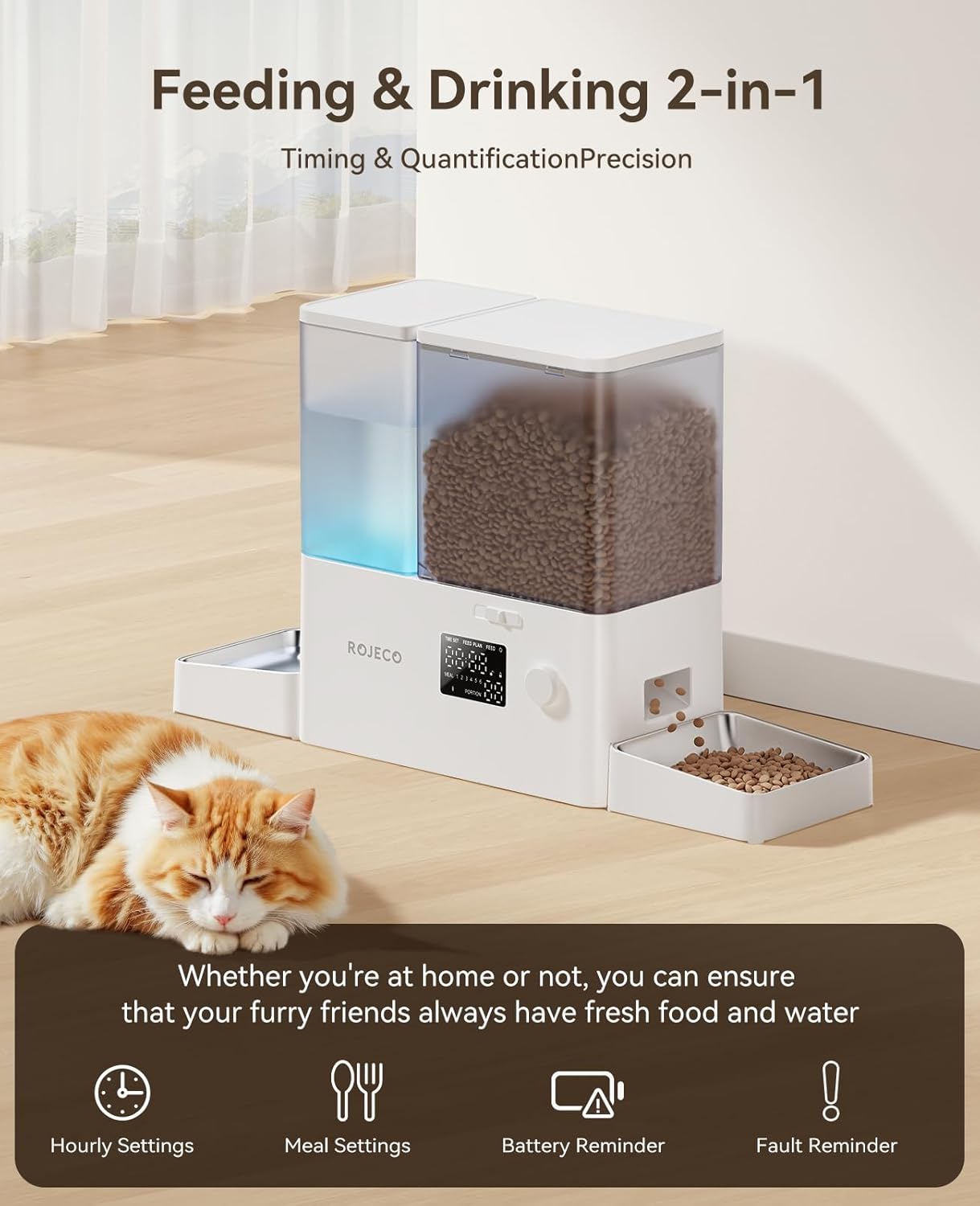 Image of the Rojeco 2-in-1 Automatic Cat Feeder and Water Dispenser featuring a 5L dry food container and a 3.5L gravity water system. The feeder includes stainless steel bowls for hygienic feeding and BPA-free construction to support pet health. The transparent containers allow easy monitoring of food and water levels, while the programmable feeding function enables controlled meal portions throughout the day. LED indicator alerts help ensure consistent food flow, and dual power support (Type-C and AAA bat