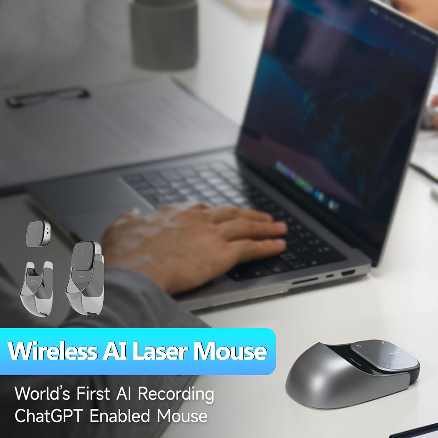 Sleek black OIKKEI 2025 AI Wireless Mouse for PC and laptop featuring an ergonomic design, integrated laser pointer for presentations, Bluetooth and USB wireless connectivity, built-in voice recorder and AI summarisation function. Ideal for business, teaching and creative workflows.