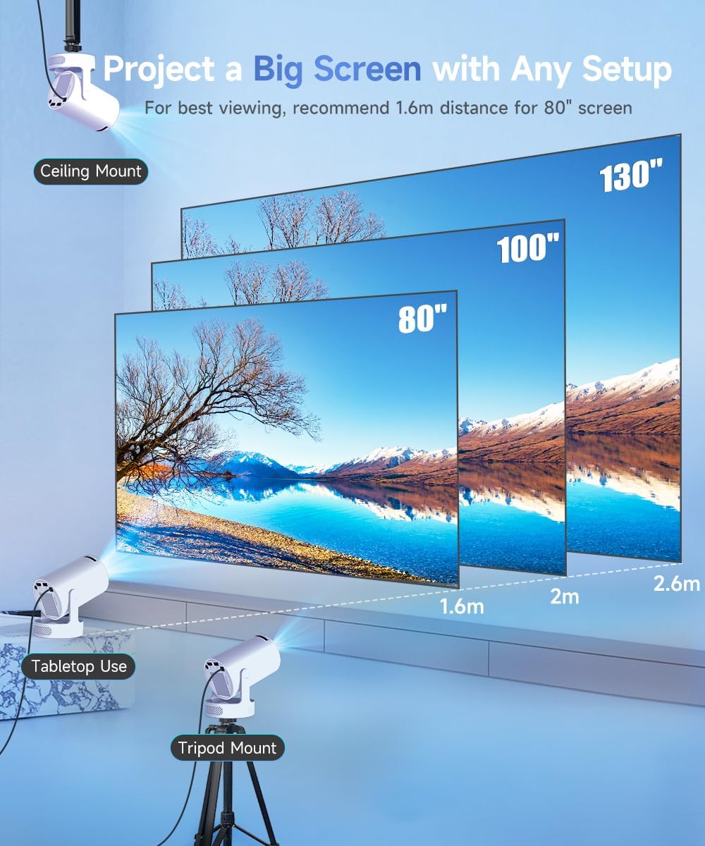 Portable Magcubic wireless home projector shown with a 180-degree rotatable lens and built-in Bluetooth soundbase. Ideal for projecting movies or streaming content on walls, ceilings or any surface. The compact design makes it suitable for bedrooms, small home theaters or travel. Auto keystone and fast wireless screen mirroring help ensure quick, simple setup with smartphones, laptops and tablets. Better viewing without complicated mounting or extra audio equipment. Supports up to 4K input resolution for sh