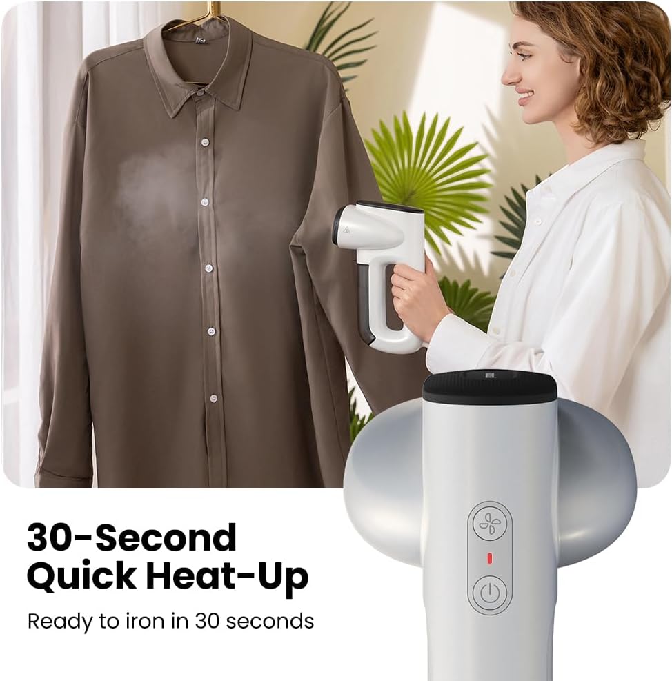 Neakasa handheld clothes steamer shown in use, providing fast and consistent steam to remove wrinkles from shirts, blouses, and everyday garments. The compact and lightweight design makes it suitable for home use or travel, while the 1800W heating system delivers quick warm-up and strong steam flow. The 280ml water tank offers several minutes of continuous steaming for multiple clothing pieces. This steamer works well on cotton, linen, silk, wool, and synthetic fabrics, making it a versatile solution for qu