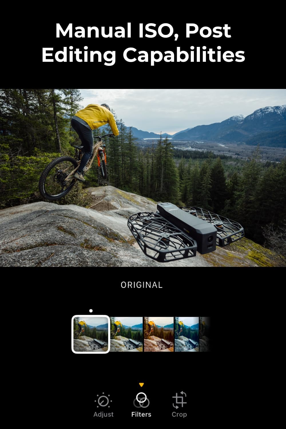 HOVERAir X1 ProMAX 8K Action Flying Camera Drone shown folded and ready for adventure filming. The compact flying action camera features 8K video recording, SmoothCapture 2.0 stabilization, and hands-free automatic flight modes. Ideal for travel, sports, and outdoor activities, this lightweight foldable drone delivers cinematic footage from unique perspectives. It follows movement up to 42 KM/H and handles various terrains with OmniTerrain flight capability, including snow and coastal environments. Designed