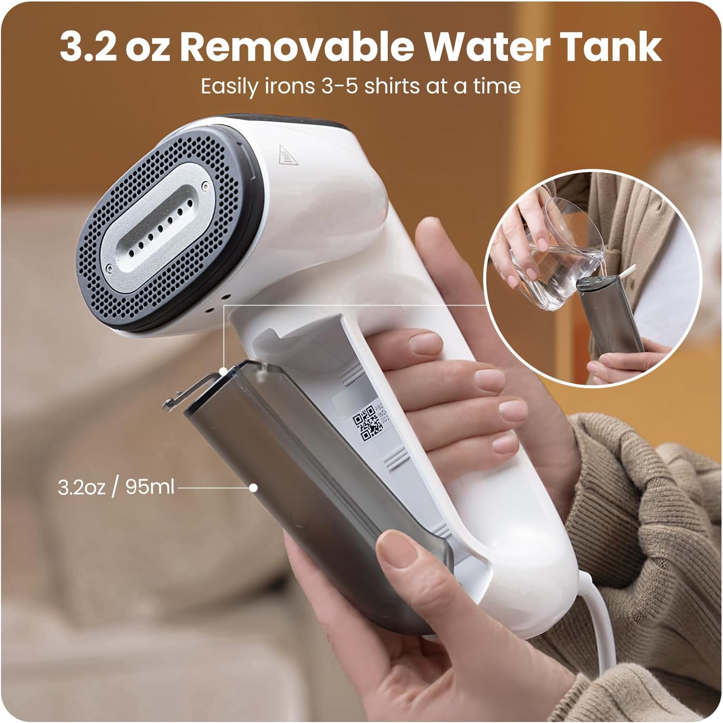 Neakasa handheld clothes steamer shown in use, providing fast and consistent steam to remove wrinkles from shirts, blouses, and everyday garments. The compact and lightweight design makes it suitable for home use or travel, while the 1800W heating system delivers quick warm-up and strong steam flow. The 280ml water tank offers several minutes of continuous steaming for multiple clothing pieces. This steamer works well on cotton, linen, silk, wool, and synthetic fabrics, making it a versatile solution for qu