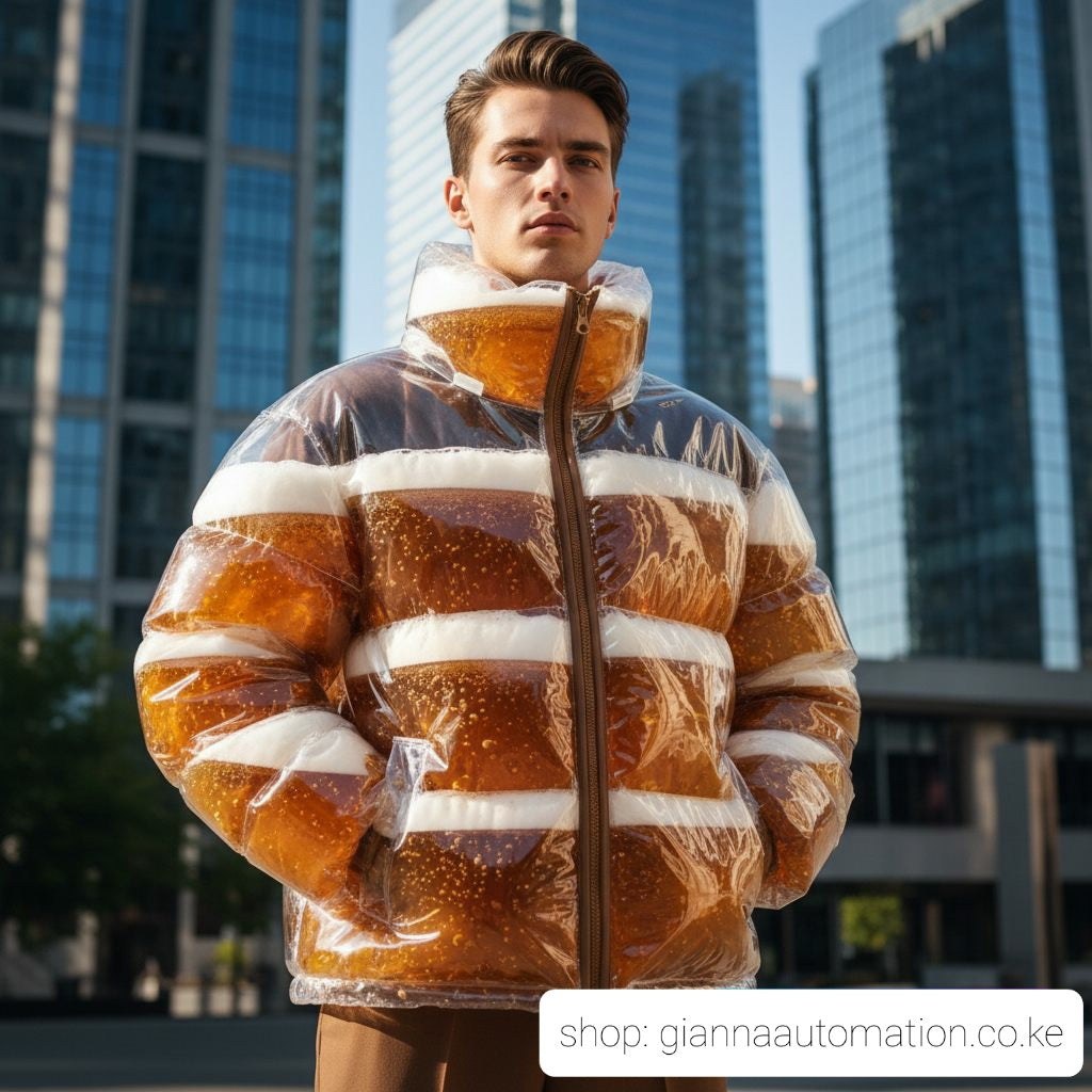 Model standing in urban setting wearing the transparent Beer Puff Jacket, with visible beverage-filled chambers in a puff design, golden liquid and foamy sections clearly seen through the glossy outer shell. The high collar, full-front zip and drink-dispensing valve at chest level are visible. Sunlight reflects off the material showing the clear structure. The wearer is dressed casually underneath, letting the jacket dominate the look. The image captures the jacket in motion, drink inside settling slightly,