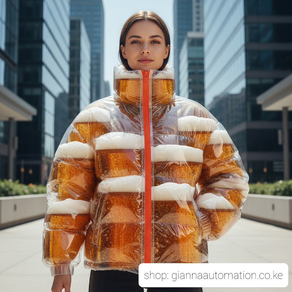 Model standing in urban setting wearing the transparent Beer Puff Jacket, with visible beverage-filled chambers in a puff design, golden liquid and foamy sections clearly seen through the glossy outer shell. The high collar, full-front zip and drink-dispensing valve at chest level are visible. Sunlight reflects off the material showing the clear structure. The wearer is dressed casually underneath, letting the jacket dominate the look. The image captures the jacket in motion, drink inside settling slightly,