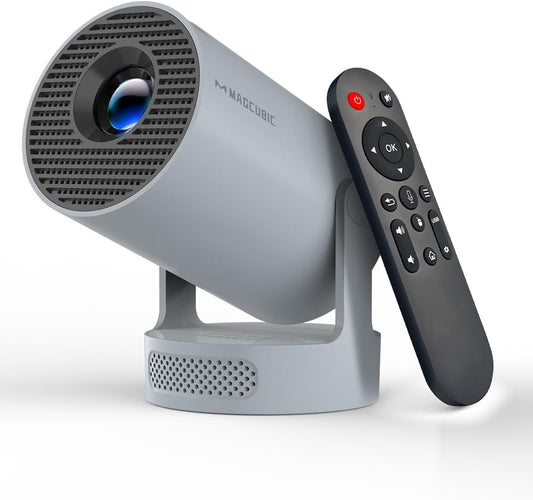 Portable Magcubic wireless home projector shown with a 180-degree rotatable lens and built-in Bluetooth soundbase. Ideal for projecting movies or streaming content on walls, ceilings or any surface. The compact design makes it suitable for bedrooms, small home theaters or travel. Auto keystone and fast wireless screen mirroring help ensure quick, simple setup with smartphones, laptops and tablets. Better viewing without complicated mounting or extra audio equipment. Supports up to 4K input resolution for sh